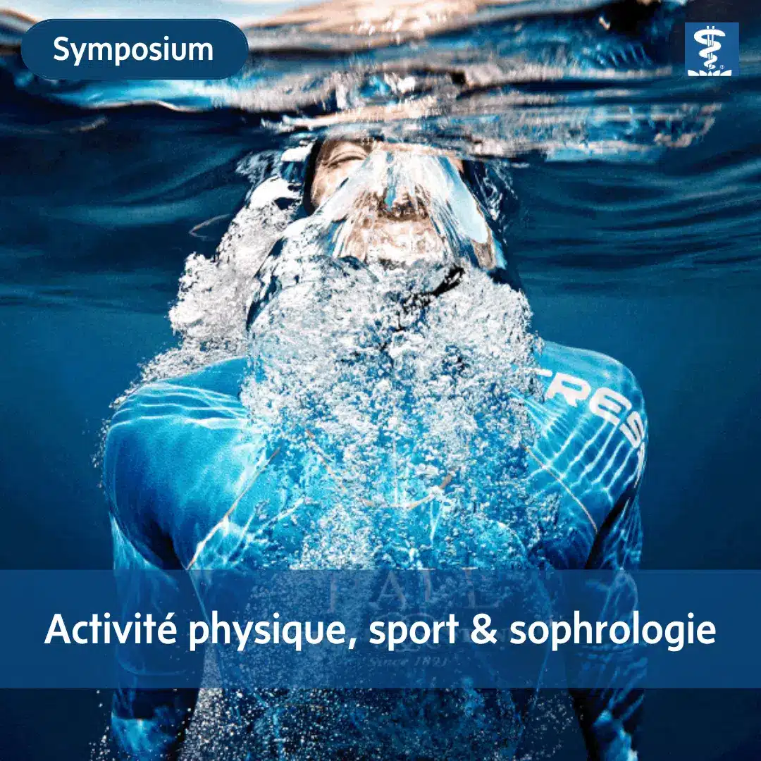 Symposium Activité physique, sport et sophrologie, avec un plongeur sortant de l'eau, des bulles d'oxygène visibles autour de lui