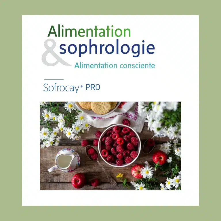 Formation en ligne Alimentation Consciente et Sophrologie, avec une table de fruits et fleurs, illustrant l'harmonie entre nutrition et bien-être
