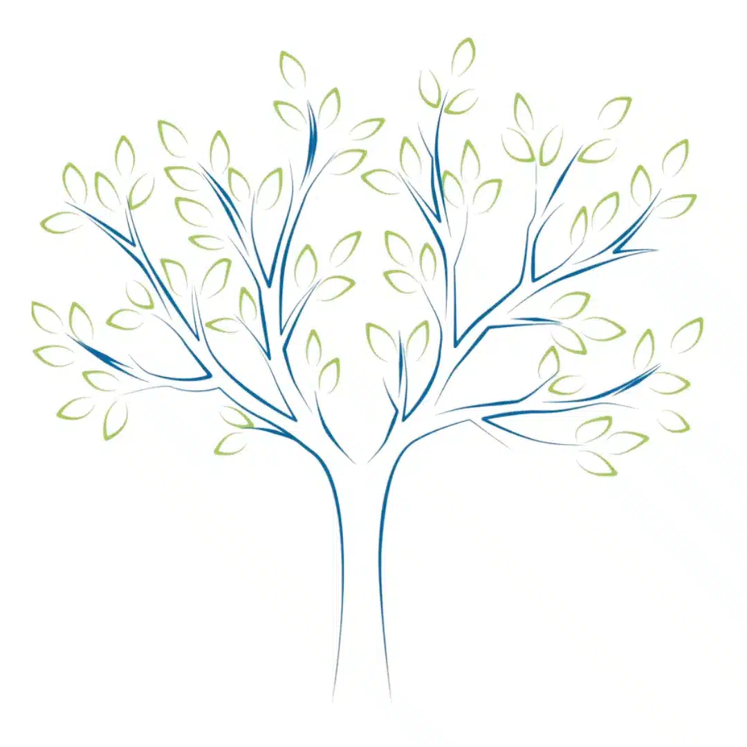 Arbre dessiné avec un tronc bleu et des feuilles vertes