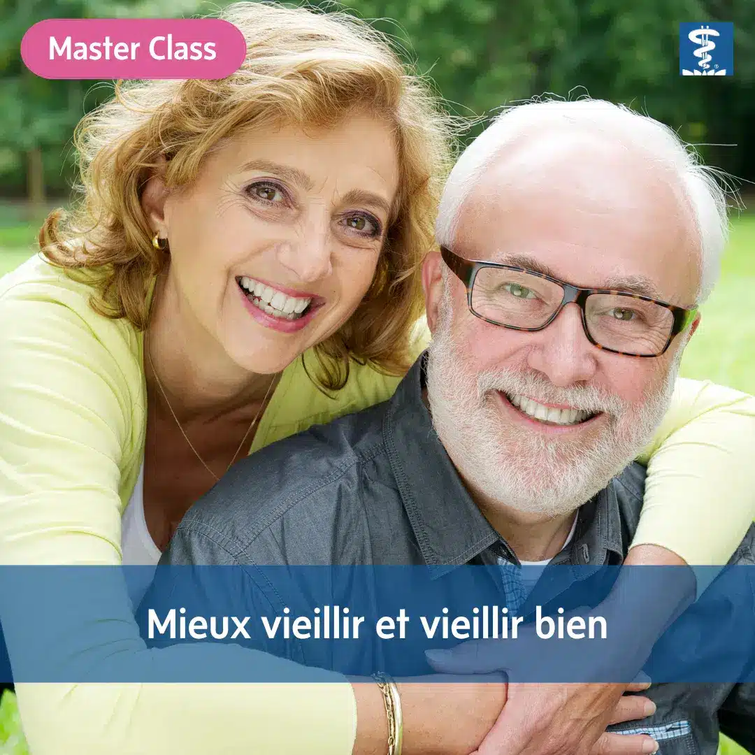 Master class Mieux vieillir et vieillir bien, avec un couple âgé souriant, l'homme portant des lunettes