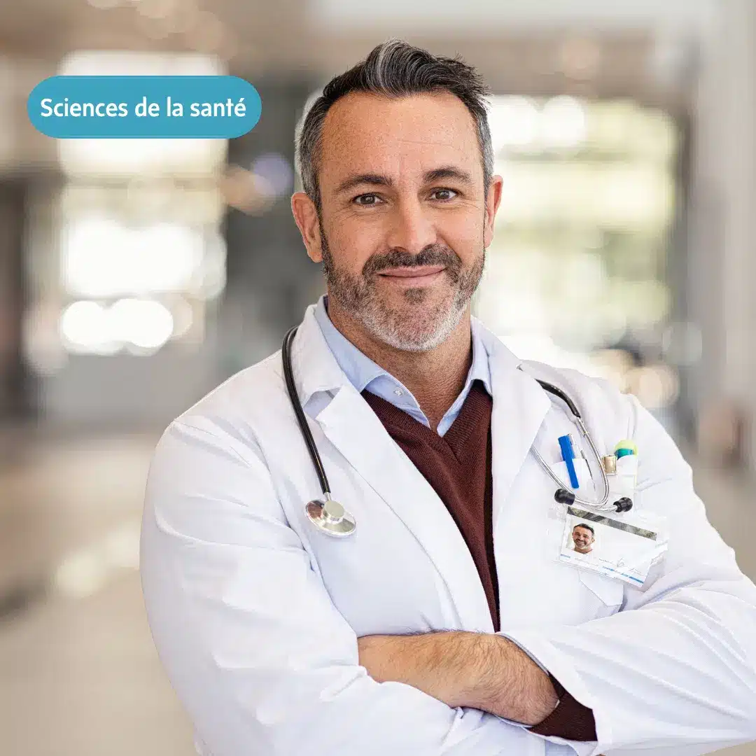 Sciences de la santé, avec un docteur portant une blouse blanche et les bras croisés