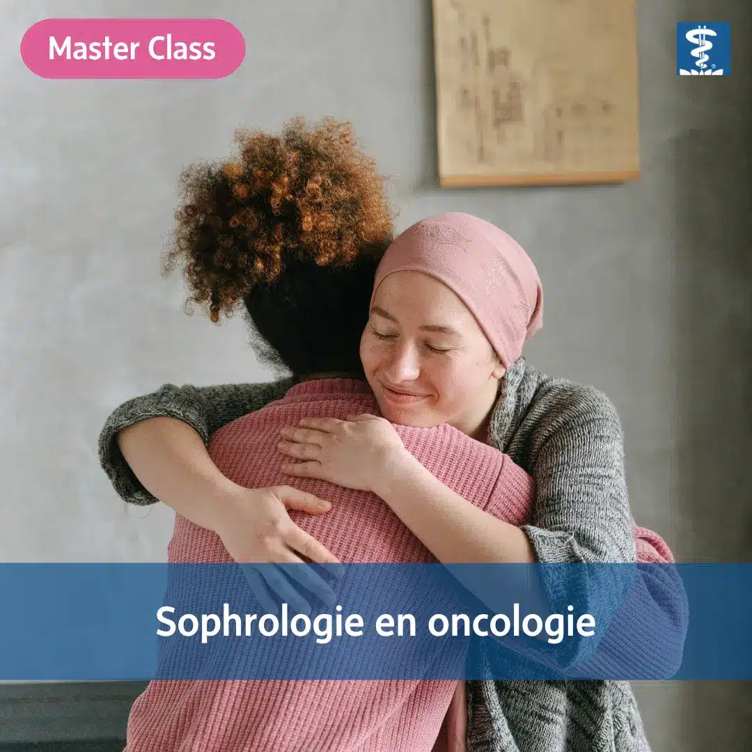 Master class de sophrologie en oncologie, avec deux femmes s'enlaçant, l'une étant une patiente en traitement oncologique, illustrant le soutien et le bien-être émotionnel