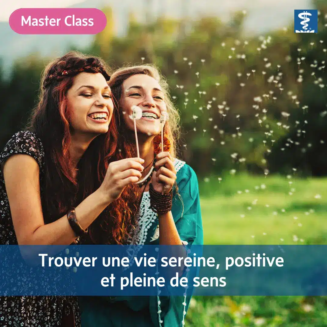 Master class Trouver une vie sereine, positive et pleine de sens, avec deux jeunes femmes soufflant des fleurs